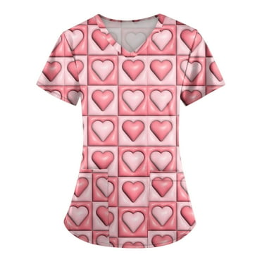 UoCefik Valentines Womens Scrub Tops Holiday Love Heart Pattern Cute Nursing Uniforms Medical Plus Size Short Sleeve V Neck T Shirts Working Scrubs Gift with Pockets Watermelon Red 4XL