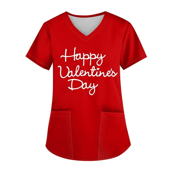 UoCefik Valentines Womens Scrub Tops Holiday Love Heart Print Cute Nursing Uniforms Plus Size Working Short Sleeve V Neck T Shirt Nurse Scrubs Top with Pockets Pink XXL