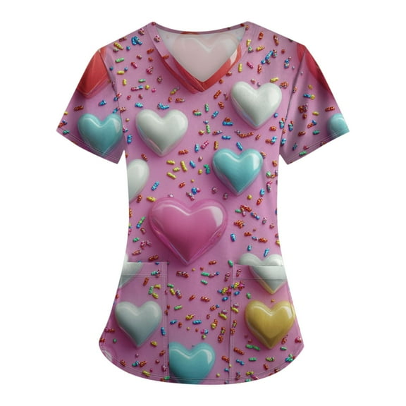 UoCefik Valentines Womens Scrub Tops Plus Size Clearance Love Heart Print Funny Nursing Uniforms Plus Size Working V Neck Short Sleeve T-Shirt Medical Scrubs Gift with Pockets Dark Purple 4XL