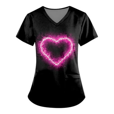 UoCefik Valentines Womens Scrub Tops Stretch Love Heart Printed Plus Size Nursing Uniforms Working Funny V Neck Short Sleeve Tshirt Nurse Scrubs Gift with Pockets Black L