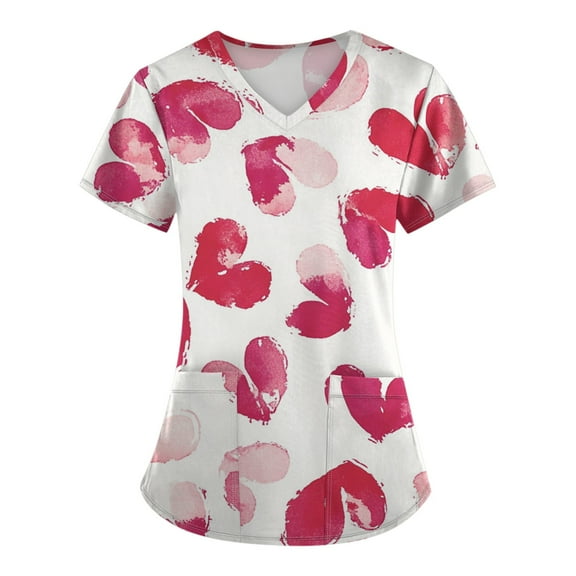 UoCefik Valentines Womens Scrubs Love Heart Print Cute Nursing Uniforms Funny Nurse V Neck Short Sleeve T-Shirts Holiday Scrub Shirt Tops with Pockets Hot Pink XXL