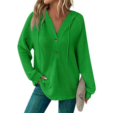 UoCefik Waffle Knit Hoodies for Women Fall Drawstring Long Sleeve Sweatshirts Fashion Casual Henley V Neck Buttons Pullover Comfy Lightweight Hooded Top Green XL