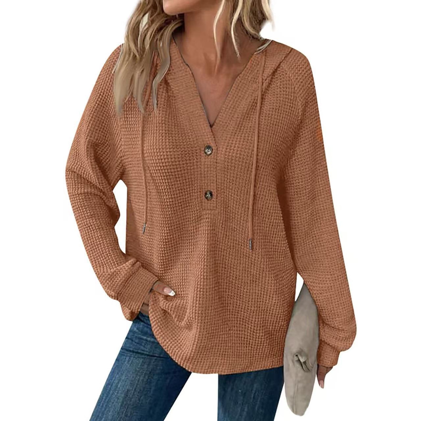 Women's hoodie waffle knitted side slit pullover sweater with pocket long sleeve