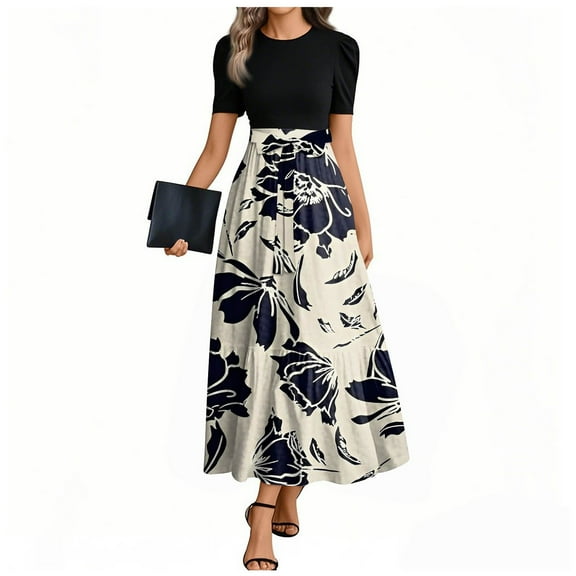 UoCefik Wedding Guest Dresses For Women Short Sleeve Elegant Floral Long Dress Tie Belted Flowy Ruffle Hem Work Summer a Line Dresses Navy XL