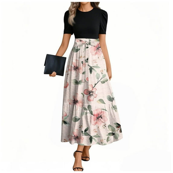 UoCefik Wedding Guest Dresses For Women Short Sleeve Elegant Floral Maxi Dress Wrap Summer Empire Waist Boho Flowy Dresses Pink XL