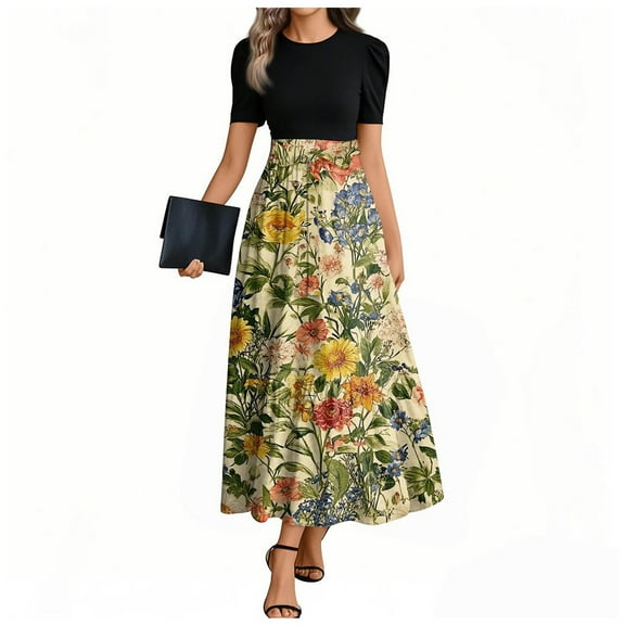UoCefik Wedding Guest Dresses For Women 2025 Elegant Floral Print Summer Long Maxi Dresses with Belt Short Sleeve Sundress Business Casual Flowy a Line Dress Yellow XL