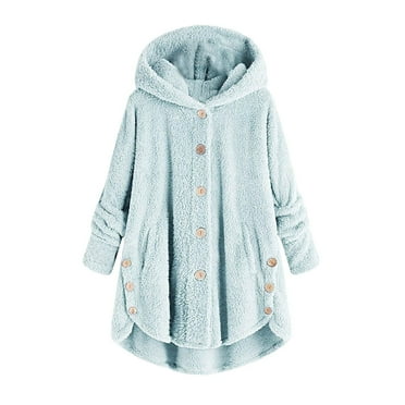 UoCefik Winter Jacket for Women Clearance Warm Fleece Fuzzy Coats Plus Size Hooded Button Down Cardigan Trendy Outwear with Pockets Sky Blue S
