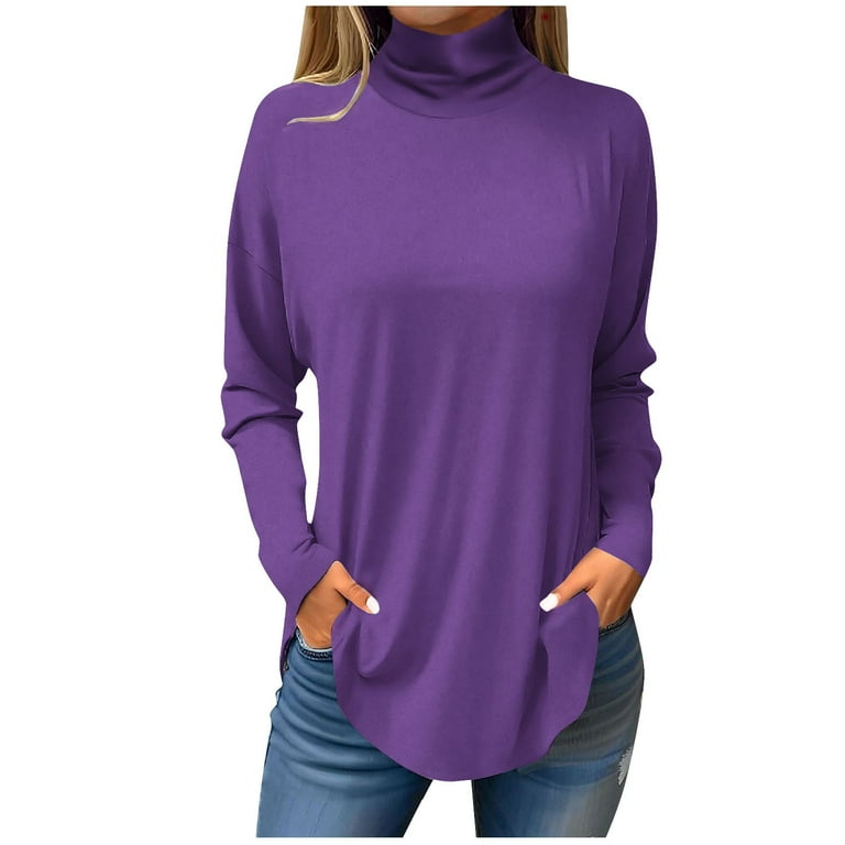 UoCefik Shirts for Women Trendy Fall Turtleneck Long Sleeve Tunic Tops Solid Color Turtle Neck Blouses Plus Size Winter Clothes Loose Fit Pullover Sweatshirts Purple 3XL Walmart