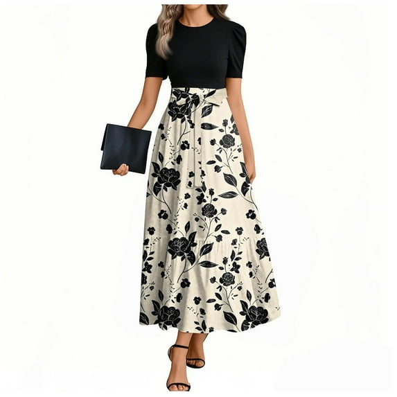 UoCefik Woman Wedding Guest Dress Flowy Floral Elegant Long Maxi Dress Wrap Short Sleeve Empire Waist Fashion Casual Summer Dresses Khaki XL