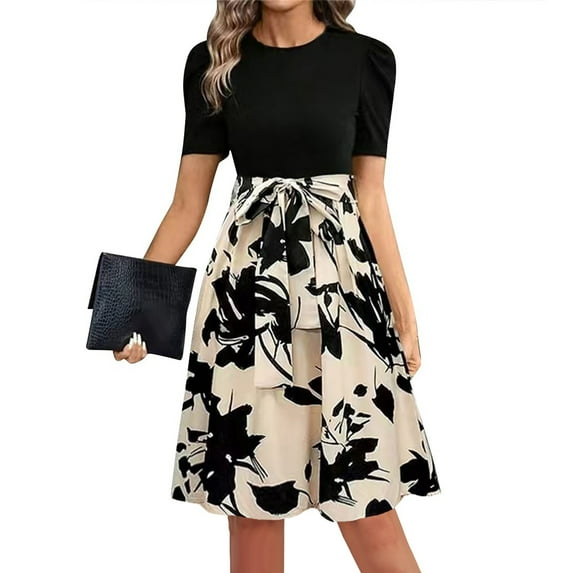 UoCefik Women Church Dresses Flowy Floral Short Sleeve a Line Dresses Tie Belted Elegant Ruffle Hem Casual Summer Shorts Dress Beige M