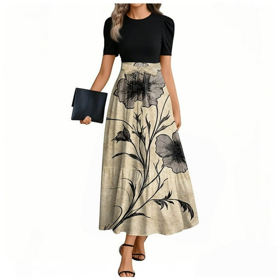UoCefik Women Dress Wedding Guest Elegant Floral Short Sleeve Wedding Guest Dresses with Belt Flowy Patchwork Business Casual Summer Long Maxi Dress Khaki XL