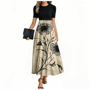 UoCefik Women Dress Wedding Guest Elegant Floral Short Sleeve Wedding Guest Dresses with Belt Flowy Patchwork Business Casual Summer Long Maxi Dress Khaki XL