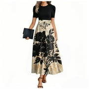 UOCEFIK Women Dresses Summer Elegant Floral Print Short Sleeve Wedding Guest Dress Tie Belted Flowy Sundress Petite Party Maxi Dresses Black XXL