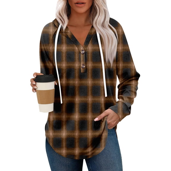 UoCefik Women Lightweight Hoodie Fall Plaid Drawstring Long Sleeve Sweatshirt Winter Hooded Button Down Sweater Hoodies Casual V Neck Tops Cute Country Pullover Plus Size Shirts Camel XL