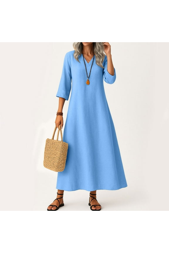 Women Linen Dresses Summer Elegant 3/4 Sleeve V Neck Maxi Dress Boho Casual Flowy Sundress Trendy Fall Beach Vacation Dresses Blue XXL