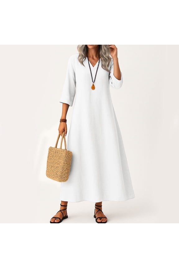 Womens Linen Summer Dress Elegant Flowy V Neck Maxi Dress Business Casual 3/4 Sleeve Dresses Trendy Fall Vacation Beach Sundress White XL