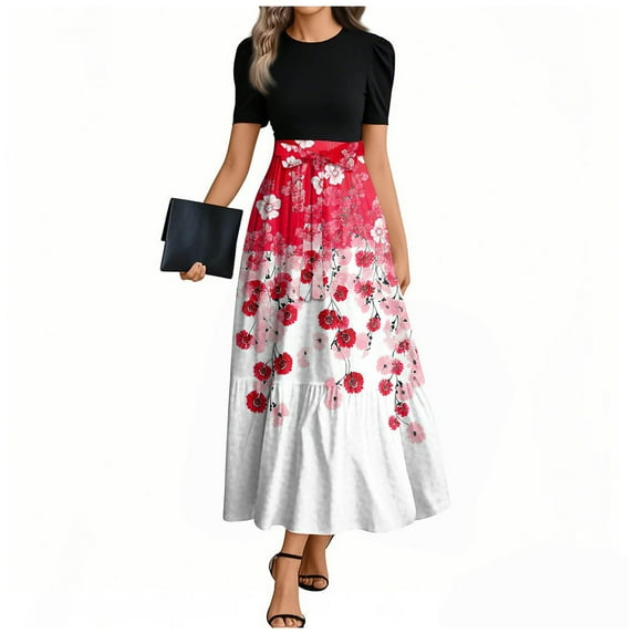 UoCefik Women Maxi Dress Elegant Floral Print Short Sleeve Long Dress Tie Belted Flowy Empire Waist Summer a Line Dresses Watermelon Red S