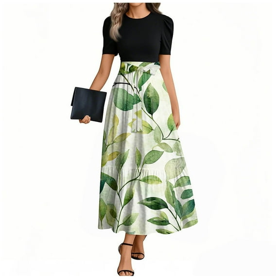 UoCefik Women Maxi Dress Flowy Floral Short Sleeve a Line Dresses Wrap Elegant Ruffle Hem Boho Summer Dress Green S