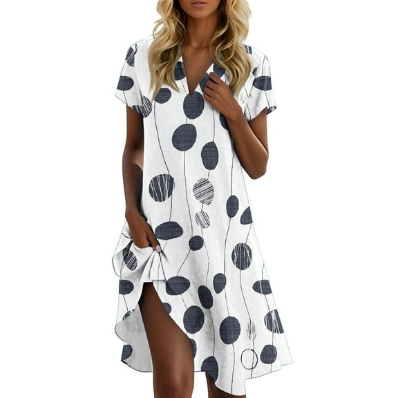UoCefik Women'S Sundresses Beach Short Sleeve Floral Knee Length Dresses Trendy V Neck Casual Loose Fit Sundress Fashion Summer Flowy Dress White S