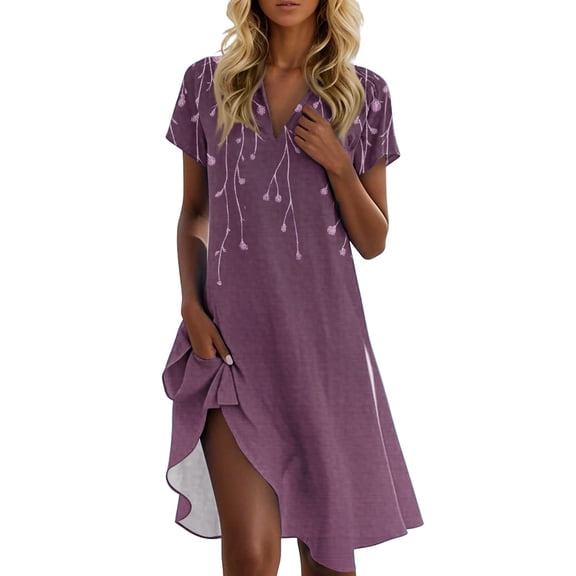 UoCefik Women'S Sundresses Elegant Sunflower Print Short Sleeve Knee Length Dress Business V Neck Beach Casual Sundress Loose Fit Summer Flowy Dresses Dark Gray M