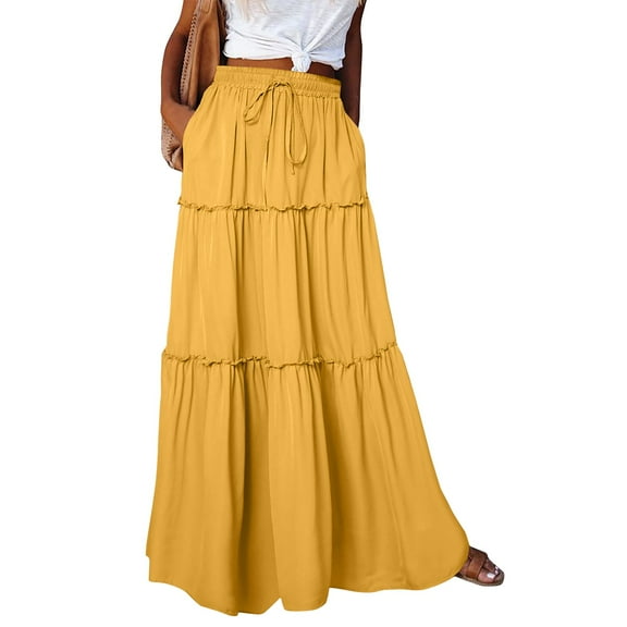 UoCefik Women Skirts Summer Flowy Pleated Long A Line Skirt Tied Front High Waisted Maxi Boho Skirts with Pockets Yellow L