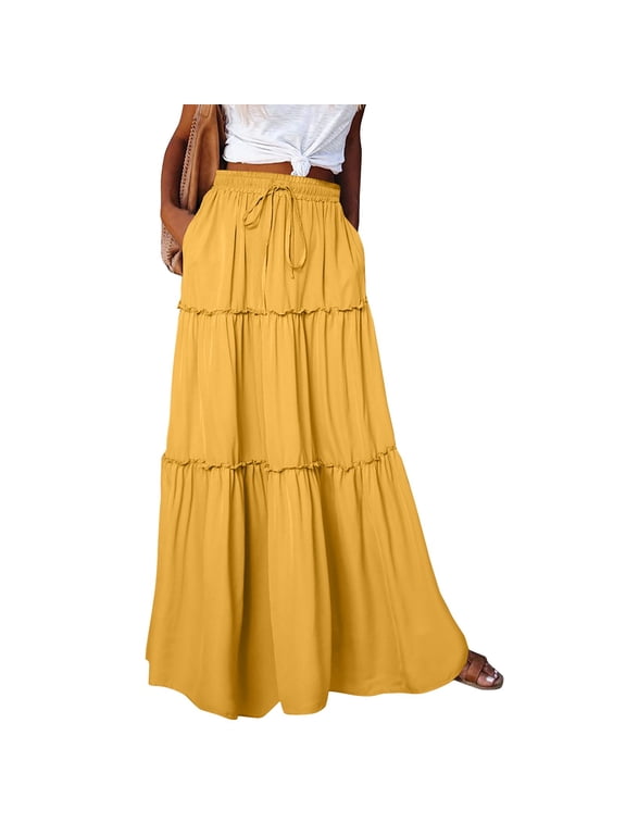 Women Skirts Summer Flowy Pleated Long A Line Skirt Tied Front High Waisted Maxi Boho Skirts with Pockets Yellow L