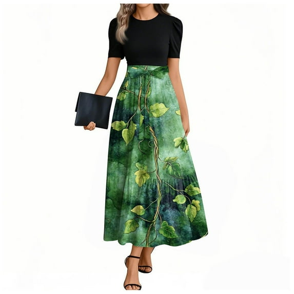UoCefik Women Spring Dresses 2025 Flowy Floral Print Summer Long Maxi Dress Wrap Short Sleeve Patchwork Business Casual Elegant a Line Dresses Dark Green M
