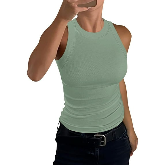UoCefik Women Tank Tops Summer Sleeveless Basic Cami Top Shirt Slim Knit Ribbed Racerback Blouses Mint Green L