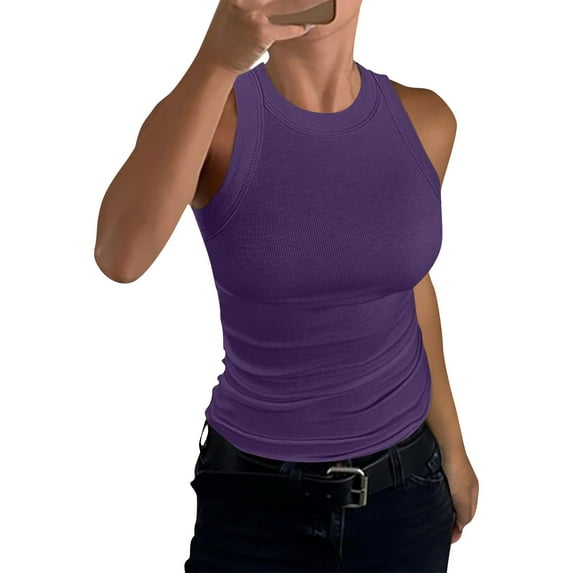 UoCefik Women Tank Tops Summer Sleeveless Basic Cami Top Shirt Slim Knit Ribbed Racerback Blouses Purple M