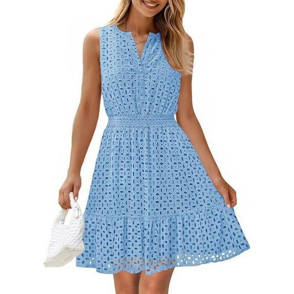 UoCefik Women's 2025 Sleeveless Mini Dress Eyelet V Neck A Line Casual Elegant Holiday Wedding Guest Party Dresses Light Blue M