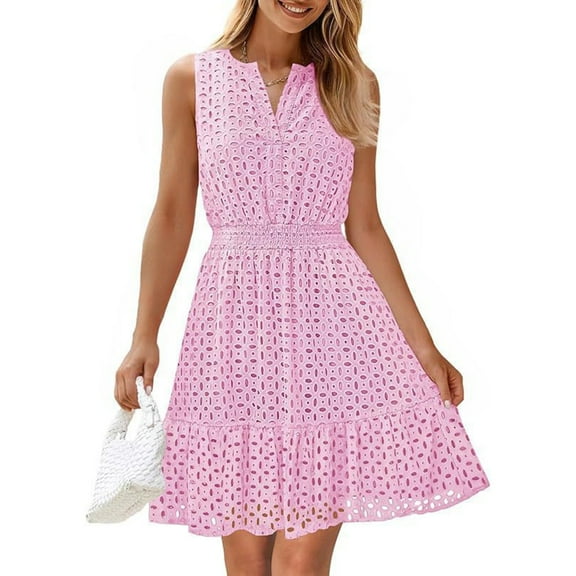 UoCefik Women's 2025 Sleeveless Mini Dress Eyelet V Neck A Line Casual Elegant Holiday Wedding Guest Party Dresses Pink XXL