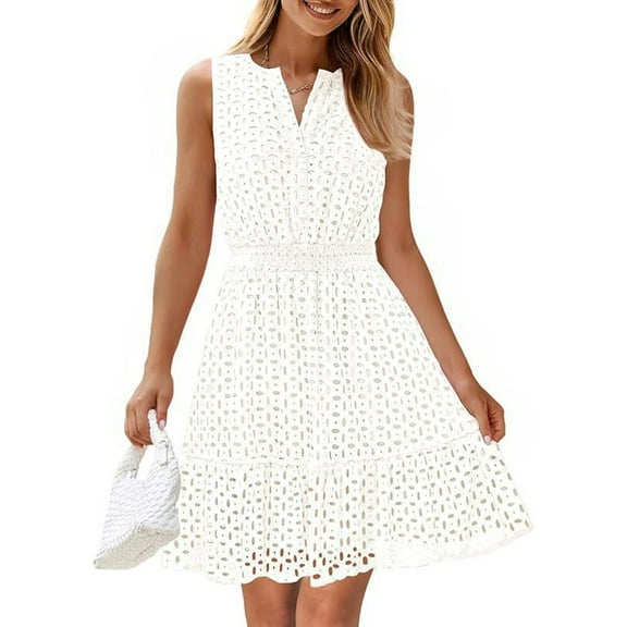 UoCefik Women's 2025 Sleeveless Mini Dress Eyelet V Neck A Line Casual Elegant Holiday Wedding Guest Party Dresses White M