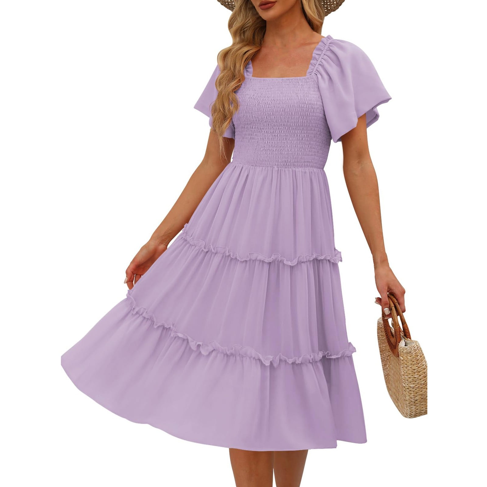 UoCefik Women s 2025 Summer Boho Midi Dress Short Puff Sleeve Flowy A uocefik-women-s-2025-summer-boho-midi-dress-short-puff-sleeve-flowy-a