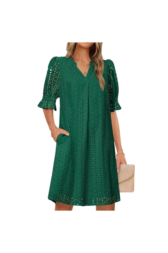 Women's 2025 Summer Short Sleeve Mini Dress V Neck Ruffle Hollow Out Eyelet Lace Dresses Dark Green M