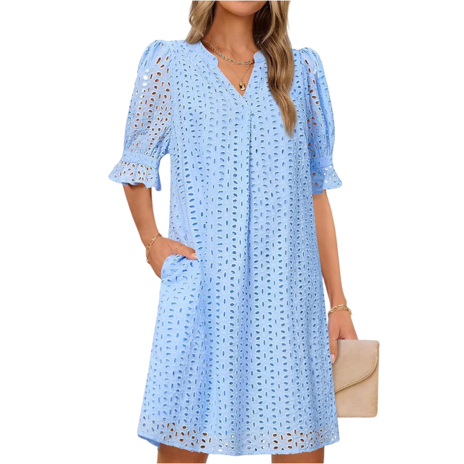 chinese dress ladies ONE CHILD LIGHT BLUE EYELET LACE TRIM DRESS – Luibelle main image 1