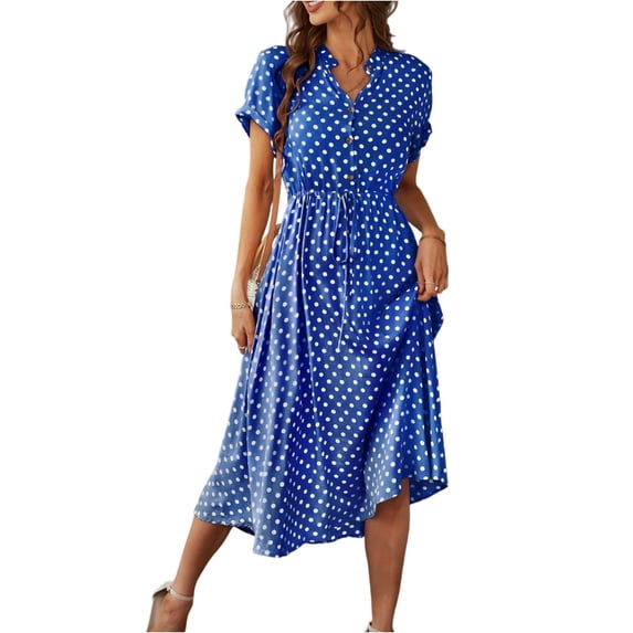 UoCefik Women's Button Front Drawstring High Waist Short Sleeve A Line Midi Dress Blue S