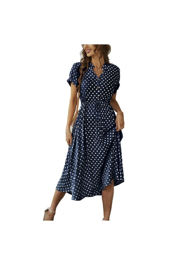 Women's Button Front Drawstring High Waist Short Sleeve A Line Midi Dress Navy S