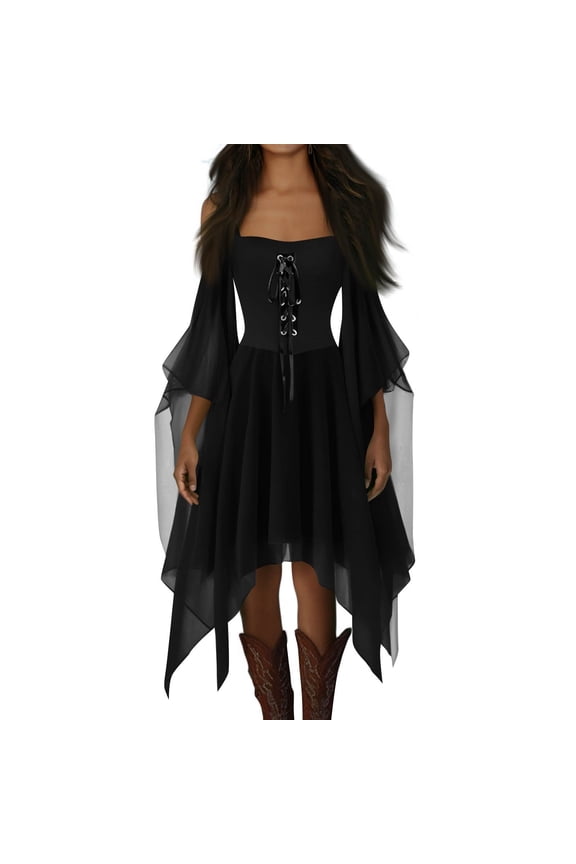 Women's Halloween Costumes Off Shoulder Chiffon Butterfly Sleeve Gothic Dress Medieval Steampunk Cosplay Dress, Black S