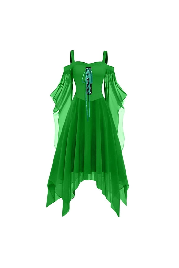 Women's Halloween Costumes Off Shoulder Chiffon Butterfly Sleeve Gothic Dress Medieval Steampunk Cosplay Dress, Green XL