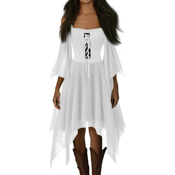 UoCefik Women's Halloween Costumes Off Shoulder Chiffon Butterfly Sleeve Gothic Dress Medieval Steampunk Cosplay Dress, White S