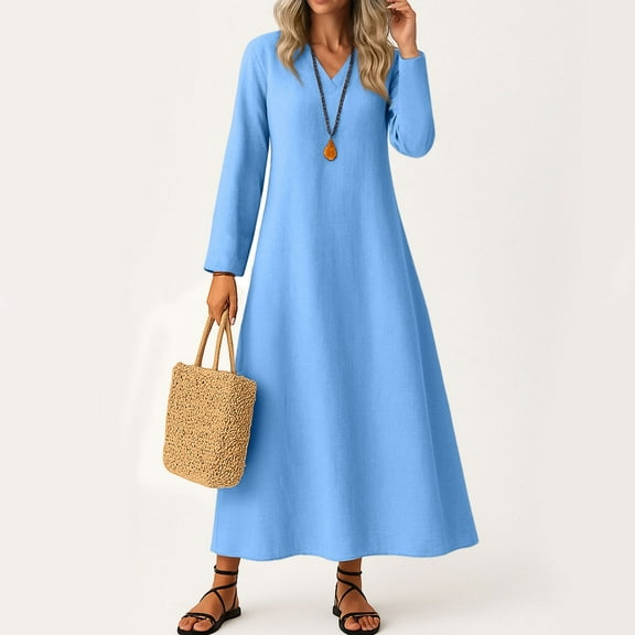 UoCefik Women's Long Linen Summer Dresses Modest Flowy V Neck Dress Loose Fit Fall Sleeve Dresses Boho Casual Beach Vacation Sundress Blue M