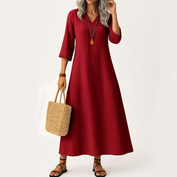 UoCefik Women's Long Linen Summer Dresses Work V Neck Flowy Dresses Modest Fall 3/4 Sleeve Dress Elegant Casual Beach Vacation Sundress Wine S