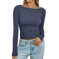 thumbnail image 1 of UoCefik Women's Long Sleeve T-Shirts Fall Boat Neck Crop Tops Solid Color Fitted Cute Tunic Shirts Casual Cotton Basic Clothes Navy XL, 1 of 5