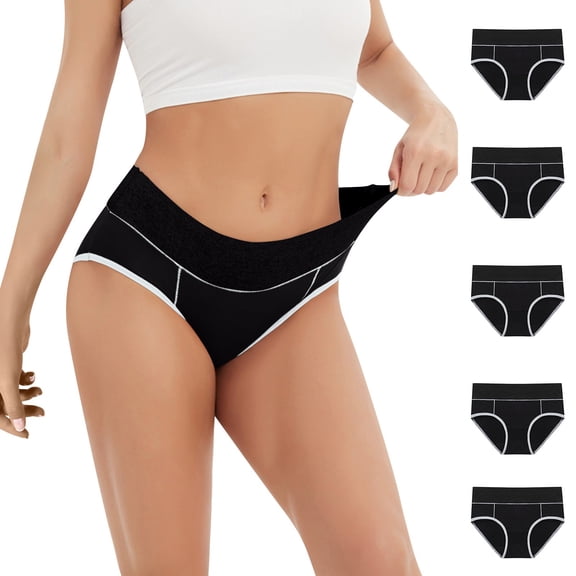 UoCefik Women's Mid - Waist Cotton Briefs with Color - Block Waistband Soft Stretch Full - Coverage Panties,5 Pack,Black XL