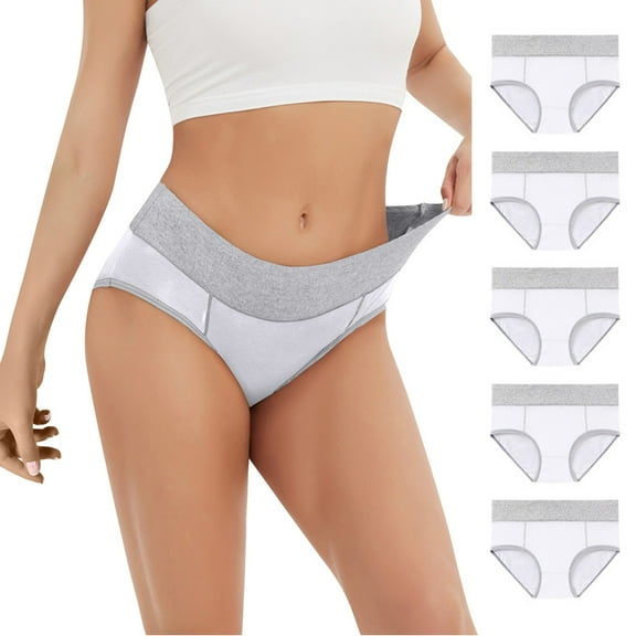 UoCefik Women's Mid - Waist Cotton Briefs with Color - Block Waistband Soft Stretch Full - Coverage Panties,5 Pack,White XXL