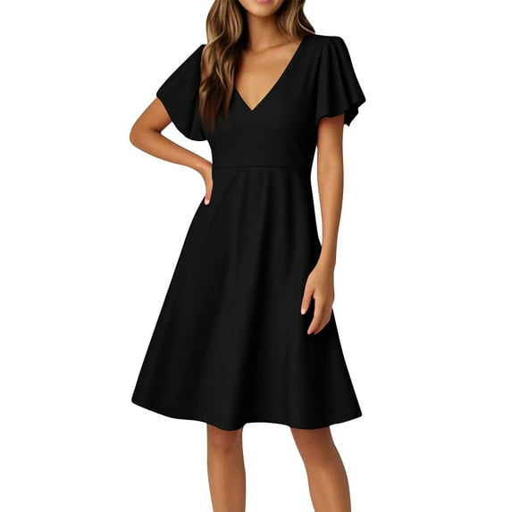 UoCefik Women's Ruffle Short Sleeve Deep V Neck A Line Swing Flared Cocktail Party Midi Dress Black L