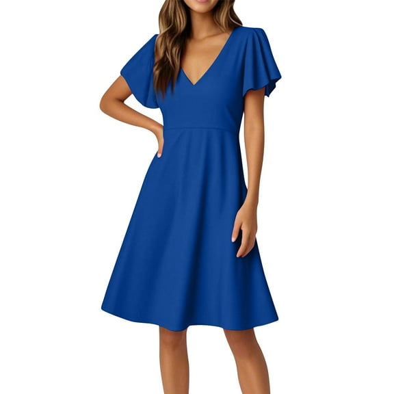 UoCefik Women's Ruffle Short Sleeve Deep V Neck A Line Swing Flared Cocktail Party Midi Dress Blue XXL