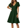 thumbnail image 1 of UoCefik Women's Ruffle Short Sleeve Deep V Neck A Line Swing Flared Cocktail Party Midi Dress Dark Green XXL, 1 of 4