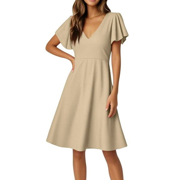 UoCefik Women's Ruffle Short Sleeve Deep V Neck A Line Swing Flared Cocktail Party Midi Dress Khaki S