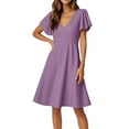 thumbnail image 1 of UoCefik Women's Ruffle Short Sleeve Deep V Neck A Line Swing Flared Cocktail Party Midi Dress Purple S, 1 of 4